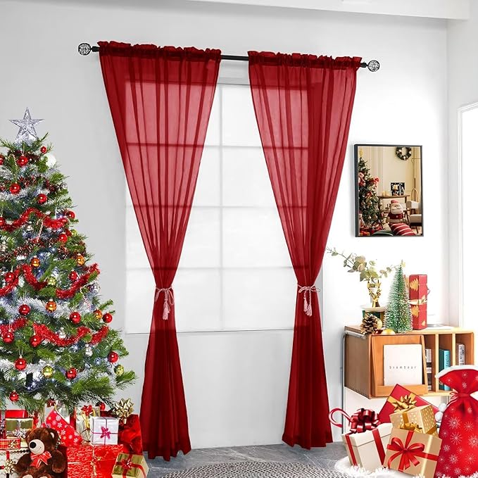 youleyar Solid Sheer Rod Pocket Curtain Voile Draperies 4 Panels White Beige Black Grey Ivory 52 Inch Width 96 Inch Long 1 Pair for Kitchen Bedroom Children Living Room Yard(Christmas Red,52 Wｘ96 L)