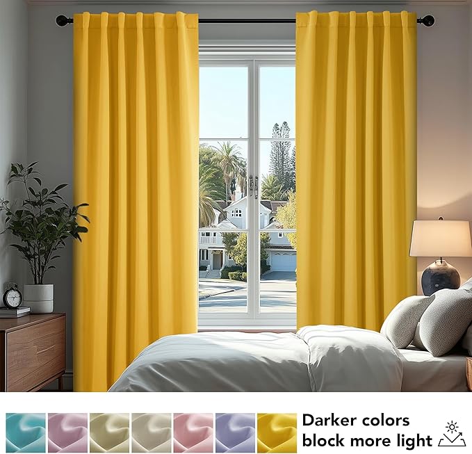 Deconovo Solid Back Tab and Rod Pocket Curtains Thermal Insulated Blackout Window Curtains for Living Room 52Wx84L Inch Mellow Yellow 2 Panels