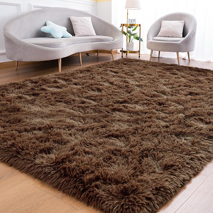 Goideal Fluffy Rug for Bedroom Living Room, 6x9 Brown Area Rugs, Faux Fur Shag Modern Carpet Ultra Soft Girls Boys Room Home Decor, Solid