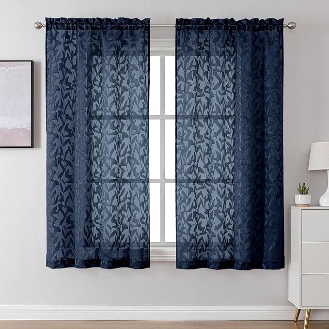 Lecloud Leia Navy Blue Sheer Curtains for Living Room 63 Inch Length 2 Pcs, Voile Jacquard Leaf Textured Vintage Bedroom Curtains, Modern Farmhouse Decor Rod Pockets Drapes, Each Panel 42" W x 63" L