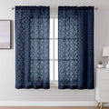 Lecloud Leia Navy Blue Sheer Curtains for Living Room 63 Inch Length 2 Pcs, Voile Jacquard Leaf Textured Vintage Bedroom Curtains, Modern Farmhouse Decor Rod Pockets Drapes, Each Panel 42" W x 63" L
