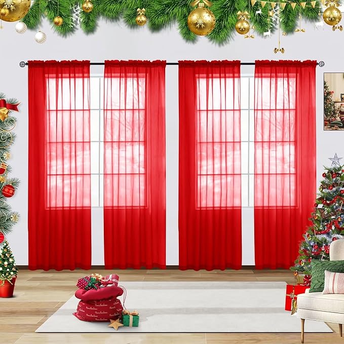 youleyar Solid Sheer Rod Pocket Curtain Voile Draperies 4 Panels White Beige Black Grey Ivory 52 Inch Width 84 Inch Long 1 Pair for Kitchen Bedroom Children Living Room Yard(Red,52 Wｘ84 L)