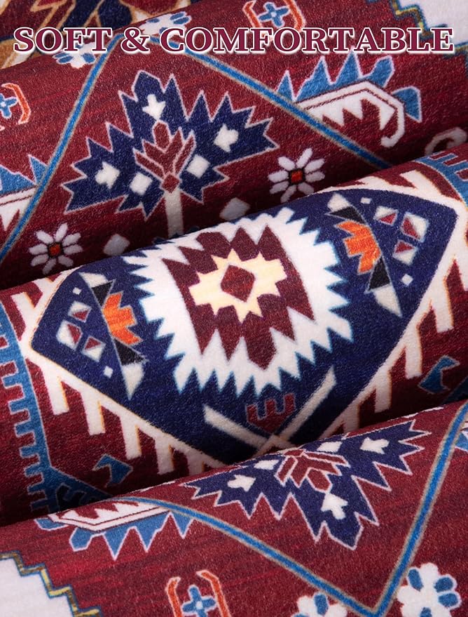 SERISSA Boho Washable Runner Rug, 2x6 Rug Runner Non-Slip Vintage Burgundy Navy Hallway Kitchen Runner Rug Ultra Soft Print Distressed Floor Carpet Runner for Bedroom Bathroom Laundry Living Room