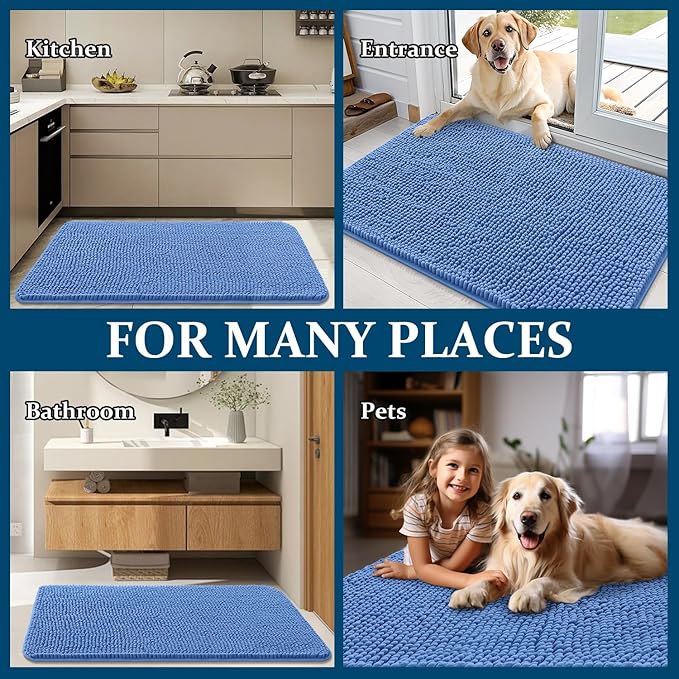 OLANLY Dog Door Mat for Muddy Paws 30x17, Absorbs Moisture and Dirt, Absorbent Non-Slip Washable Doormat, Quick Dry Chenille Mud Mat, Entry Indoor Entryway Carpet for Inside Floor, Cornflower Blue