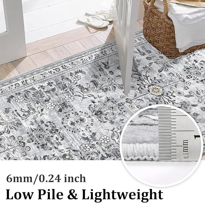 Yamaziot Washable Runner Rug 2x6 – Non Slip Boho Floral Hallway Runner Rug with Rubber Backing, Low Pile Faux Wool Distressed Carpet for Kitchen, Laundry, Bedroom, Entrance, Gray