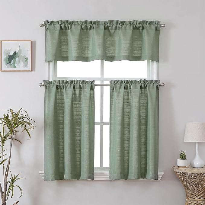 Chyhomenyc Sage Green Valance for Windows, Light Filtering Faux Linen Solid Short Curtain Valance, Burlap Decorative Small Curtain for Kitchen Bathroom Laundry Basement, 60Wx12L inch, 1 Piece