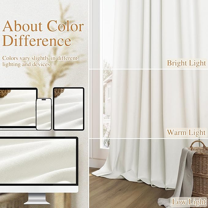 Guken Ivory Linen 100% Blackout Curtains 90 Inch Length 2 Panels Set for Living Room Bedroom Back Tab Thermal Insulated Black Out Linen Drapes Room Darkening Window Curtains 40 Inches Wide