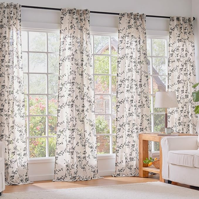 Lazzzy Black Floral Linen Curtains 63 Inch Farmhouse Back Tab Drapes for Living Room Bedroom Light Filtering Vintage Grandmillennial Rod Pocket Curtains, 2 Panels, W38 x L63, Black on Beige
