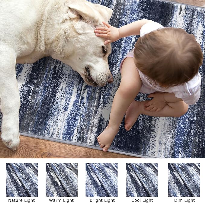 Lansny Modern Abstract Hallway Runner Rug, Navy Blue Washable Kitchen Runner Non-Slip Soft 2x8 Runner Rug Thin Print Faux Wool Carpet for Entryway Bedroom Laundry Room Indoor