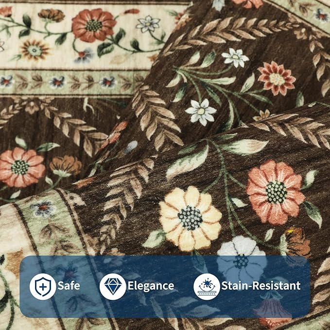 6x9 Machine Washable Area Rugs for Living Room Floral Stain Resistant Soft Carpet Vintage Low Pile Non Slip Non-Shedding Floor Carpet Rugs for Bedroom Nursery Brown