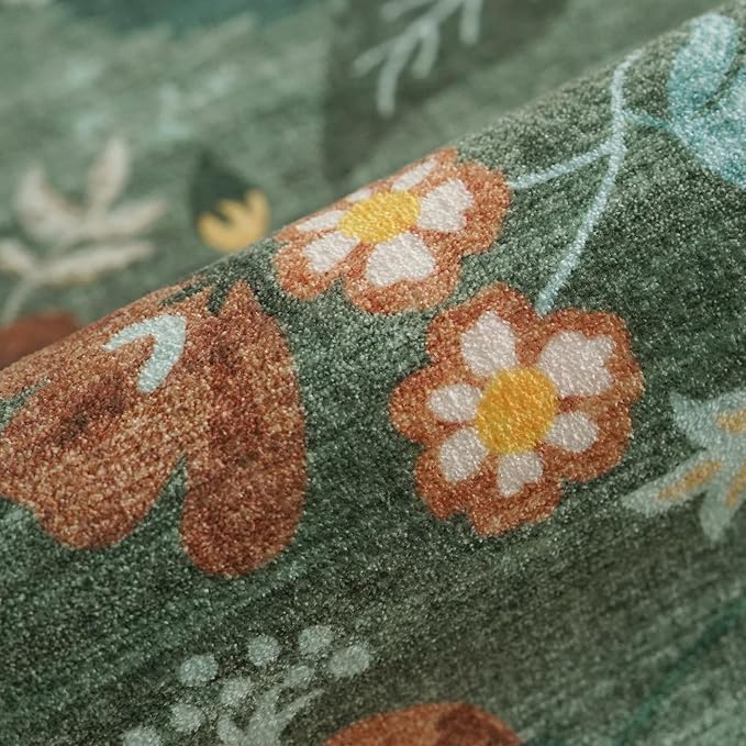 Washable 3x5 Entryway Area Rugs: Ultra Soft Low Pile Carpet for Kitchen Nursery Indoor Light-Weight Doormat Rug with Non-Slip Backing for Living Room Bedroom Small Boho Floor Mat(3x5, Floral/Green)