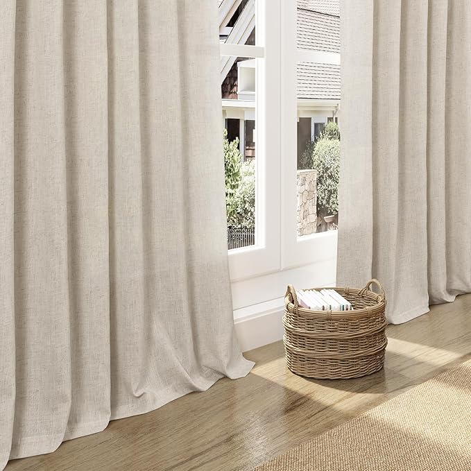Boho Linen 112 Inch Curtains for Living Room Light Filtering Semi Sheer Curtain Back Tab Boho Eclectic Home Decor Elegant Farmhouse Drapes Floor to Ceiling High Window for Bedroom 52x112, 2 Panels
