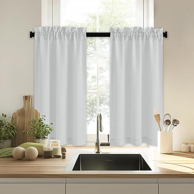 RYB HOME Cafe Curtains 24 inches Length, Linen Sheer Short Curtains for Small Window, Half Privacy Light Filetring Window Tier Valance for Kitchen Bathroom, W 26 x L 24, Dove Grey, 2 Panels Set