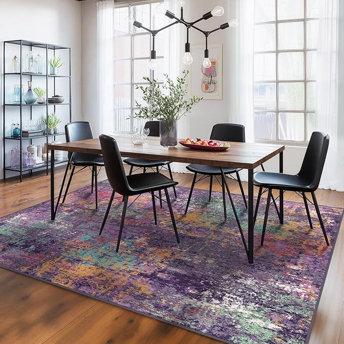 Washable Area Rugs 6'x9' Non-Slip Modern Abstract Soft for Living Room Entryway Bedroom Nursery, Print Pattern, Purple Orange Blue Green Rust Red Colorful