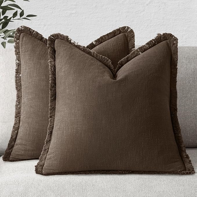 MIULEE Decorative Throw Pillow Covers Neutral Linen Fringe Throw Pillows Set of 2 Chocolate Brown Boho Farmhouse Cushion Covers with Tassels for Couch Sofa Bed Living Room Spring Decor 20x20 Inch