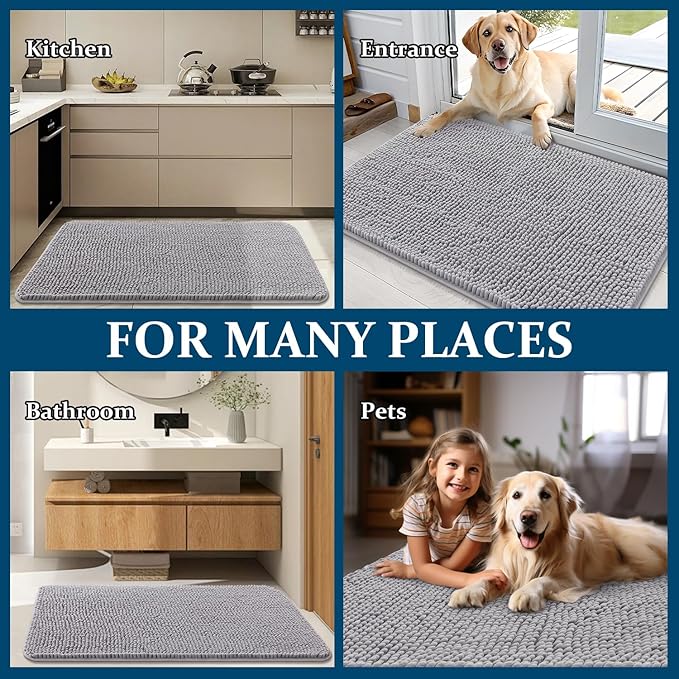 OLANLY Dog Door Mat for Muddy Paws 40x32, Absorbs Moisture and Dirt, Absorbent Non-Slip Washable Doormat, Quick Dry Chenille Mud Mat for Dogs, Entry Indoor Entryway Carpet for Inside Floor, Light Grey