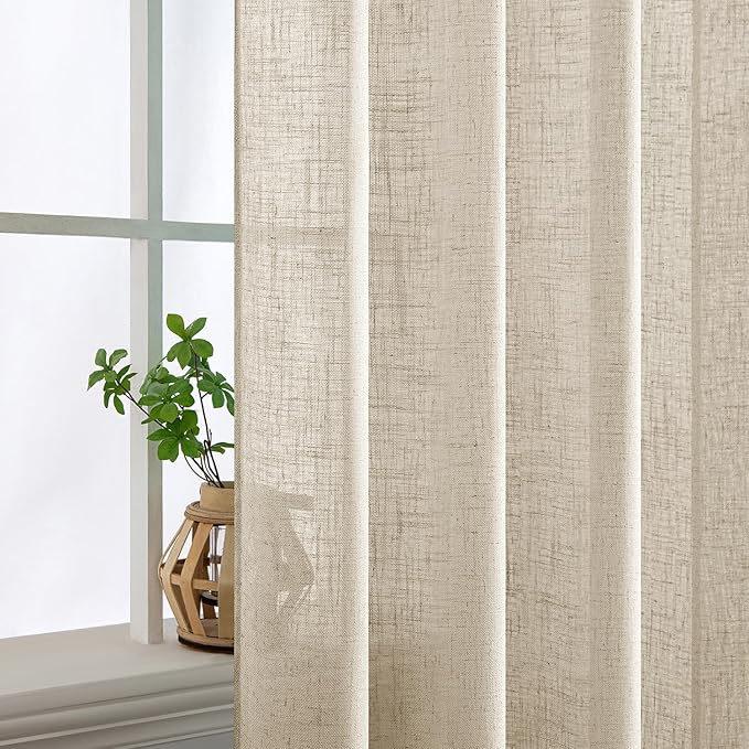 MIULEE Beige Linen Curtains 72 Inch Length 2 Panels for Bedroom Living Room, Soft Linen Textured Window Drapes Semi Sheer Light Filtering Back Tab Rod Pocket Farmhouse Modern Burlap Look Decor