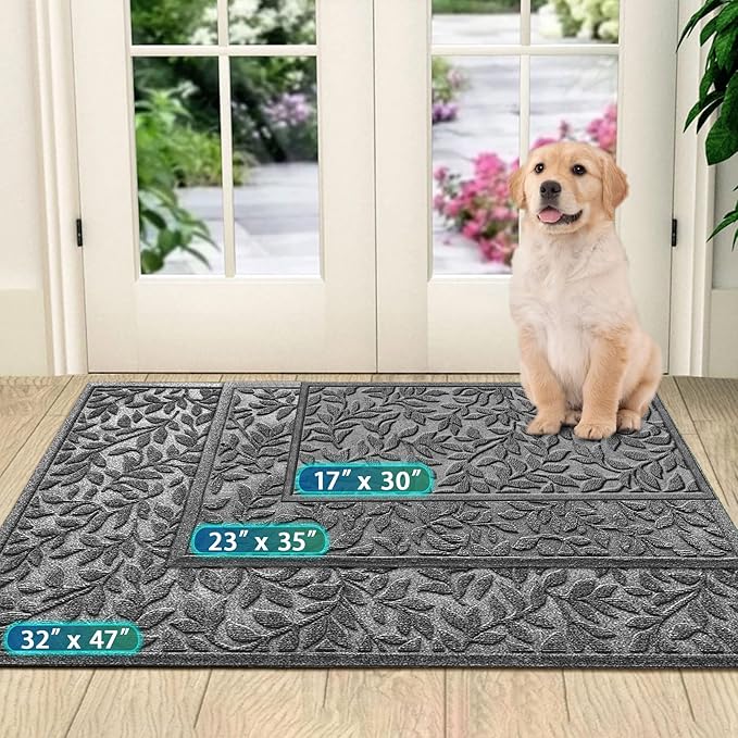 Bulijojo Sturdy Front Entrance Doormats,Durable Heavy Duty Welcome Mat,Thick Absorbent Natural Rubber Non Slip Mat,Easy Clean Entryway Mat Leaves Grey 23"x35"