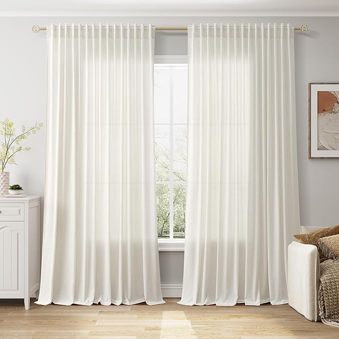 Nanspring Extra Wide 100x96 Inch Linen Curtains for Living Room Divider Light Filtering Semi Sheer Patio Curtains for Sliding Door Natural Coastal Decor Sunroom Floor to Ceiling Window Curtain