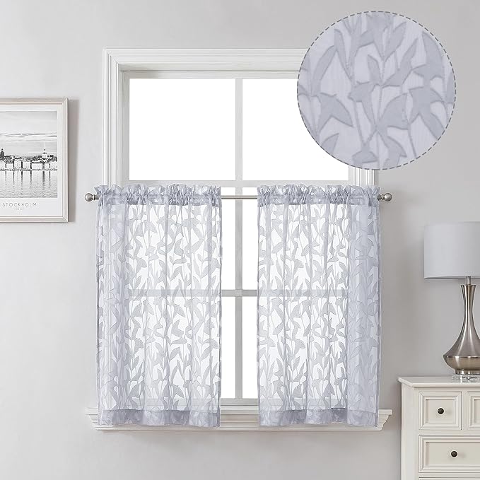 Lecloud Leia 2 PCS Light Grey Sheer Kitchen Curtains 36 Inch Length, Breathable Clip Textured Leaf Cafe Bedroom Voile Curtain Tiers, Dual Rod Pockets Jacquard Bathroom Bedroom Drapes, 40 W x 36 L