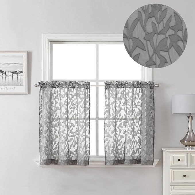 Lecloud Leia Clip Leaf Charcoal Grey Curtains Tiers Sheer Valances for Windows 24 Inch Length 2 Packs, Jacquard Textured Kitchen/Bedroom/Living Room Voile Curtain with Dual Rod Pockets, 38W x 24L
