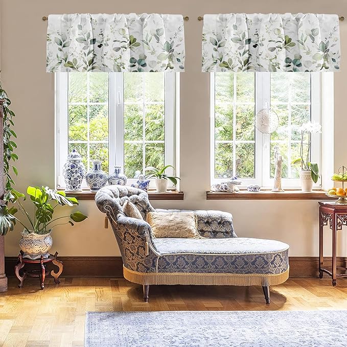 Emvency 4 Pack Valances Window Treatments, Green Watercolor Eucalyptus Leaves Blackout Adjustable for Living Room Bathroom Bedroom Kitchen Over Sink, 52x18 Inch Rod Pocket Valances