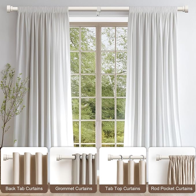 Lootkell Modern White Curtain Rods for Windows 72 to 144 Inches Adjustable Length Heavy Duty 1" Diameter Window Curtain Rod with Decorative Finials for Outdoor Farmhouse Bedroom Kitchen Living Room