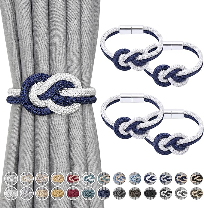 NICEEC 4 Pack Mini Magnetic Curtain Tiebacks Nordic Simple Style Drape Tie Backs Elegant Hand Weave Rope Knot Decorative Curtain Holdbacks for Home & Office Thin Window Drapery (Dark Blue & White)