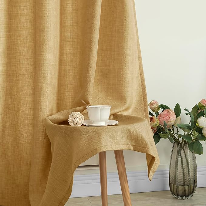 LAMIT Faux Linen Curtains for Bedroom, Light Filtering Panels, Grommet Privacy Protected Linen Burlap Curtains for Small Window/Kids' Room, Set of 2 Panels (52 x 45 Inch, Caramel Brown)