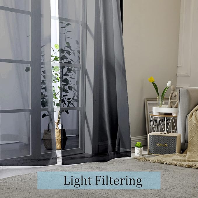 OWENIE Black Sheer Curtains 68 Inch Length 2 Panels Set for Bedroom Living Room, Light Filtering Voile Sheer Curtains, Airy Rod Pocket Farmhouse Curtain, Black, Each 42Wx68L inch