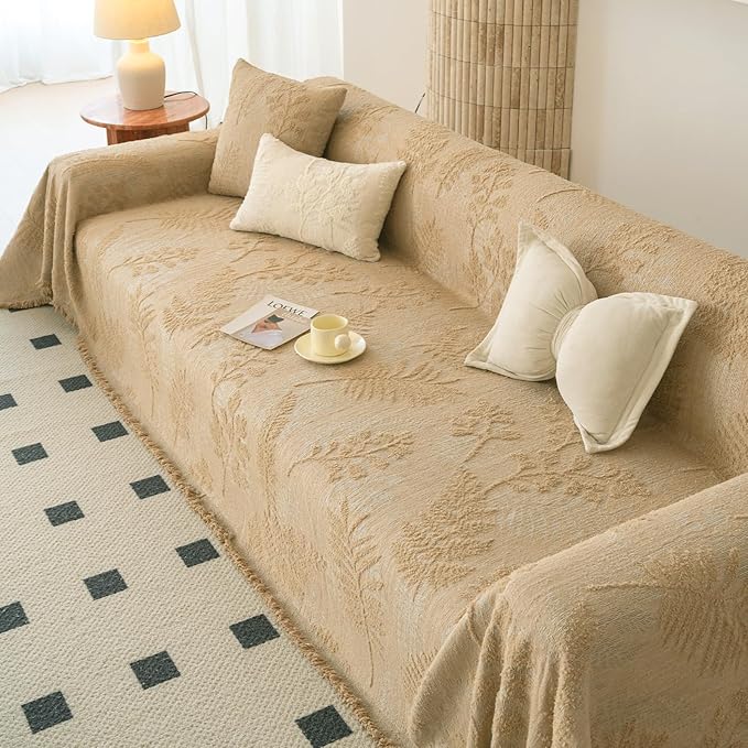 HANDONTIME Washable Couch Covers for Sofa Boho Couch Covers for 3 Cushion Sofa Pet Friendly Camel Chenille Jacquard Couch Protector for Dogs Plant Branch Sectional Cover Sofa Slipcovers, 71" X 150"