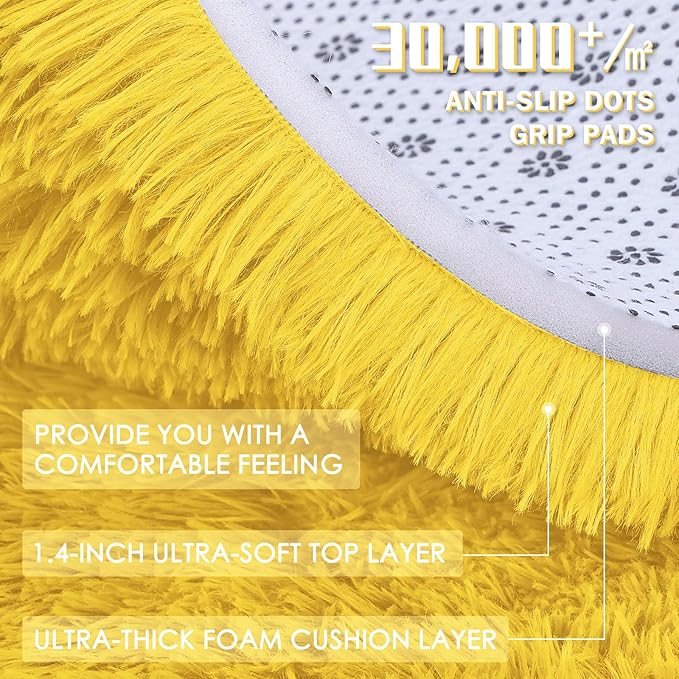 OLANLY 3x5 Machine Washable Small Bedside Rug, Soft Fluffy Shaggy Rugs for Living Room, Bedroom, Indoor Floor Carpet for Kids Girls and Boys, Preppy Dorms, Nursery, Home Decor Aesthetic, Yellow