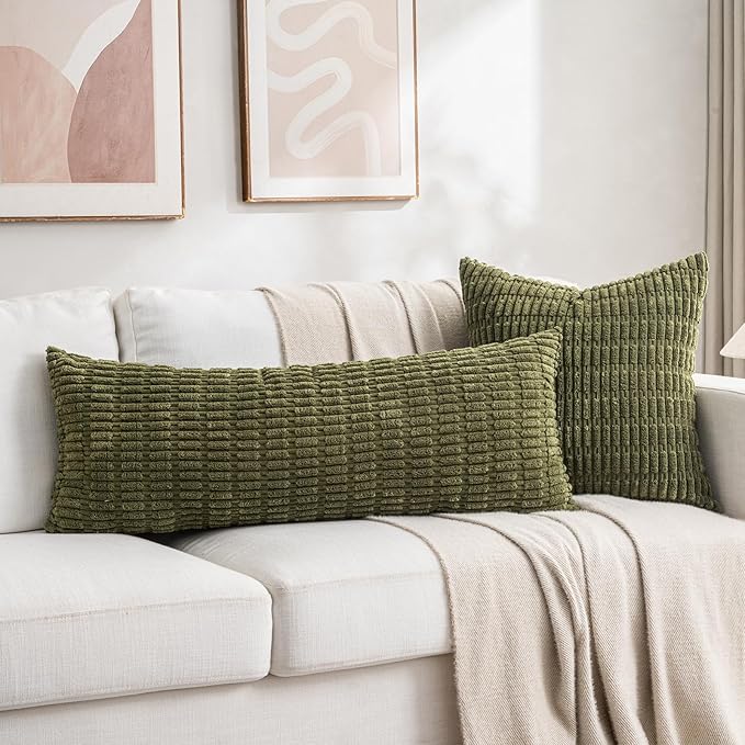 Fancy Homi 4 Packs Boho Moss Green Decorative Throw Pillow Covers 20x20 Inch for Couch Bed Sofa, Rustic Modern Farmhouse Home Decor, Soft Plush Corduroy Square Cute Cushion Case 50x50 cm