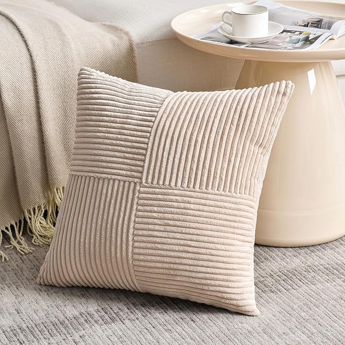 Fancy Homi 2 Packs Tan Decorative Throw Pillow Covers 18x18 Inch for Living Room Couch Bed, Rustic Farmhouse Boho Home Decor, Soft Corss Corduroy Patchwork Textured Square Beige Cushion Case 45x45 cm