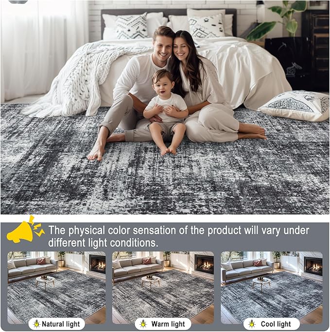 Area Rugs 9x12 Living Room - Washable Rug Modern Abstract Soft Large Neutral Non-Slip Carpet Indoor Floor Thin Carpets for Bedroom Dining Room Farmhouse Nursery Home Office Dark Black