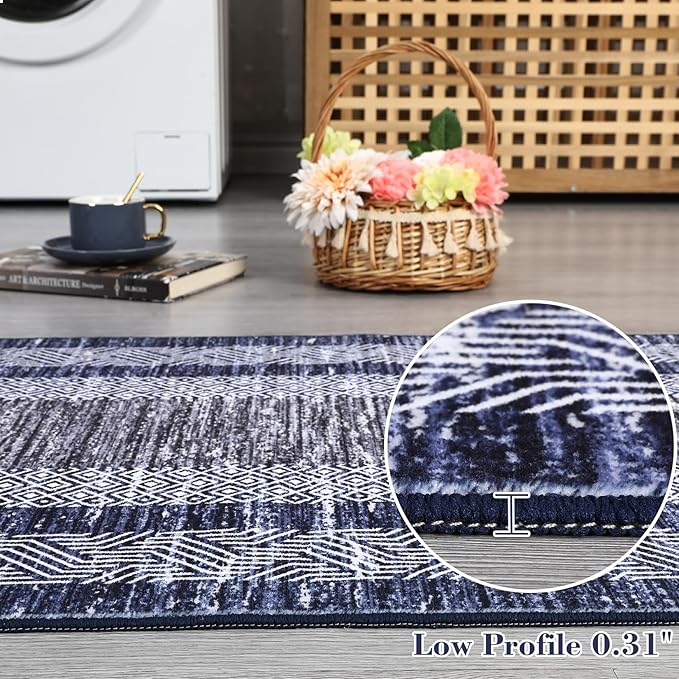 GarveeHome Modern Geometric Area Rug 4x6 Distressed Bordered Washable Non Slip Floor Carpet Non Shedding Thin Soft Low Pile Contemporary Navy Blue Rug for Dining Room, Living Room