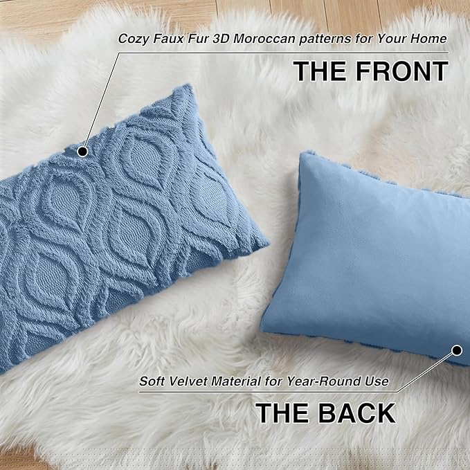 decorUhome Throw Pillow Covers 12x20 Inch Set of 2, Soft Plush Faux Wool Blue Solid Couch Pillow Covers, Accent Farmhouse Neutral Rectangle Pillow Cases for Sofa Bed Living Room