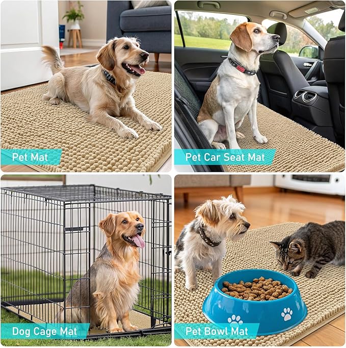 OLANLY Dog Door Mat for Muddy Paws 59x20, Absorbs Moisture and Dirt, Absorbent Non-Slip Washable Doormat, Quick Dry Chenille Mud Mat for Dogs, Entry Indoor Entryway Carpet for Inside Floor, Beige