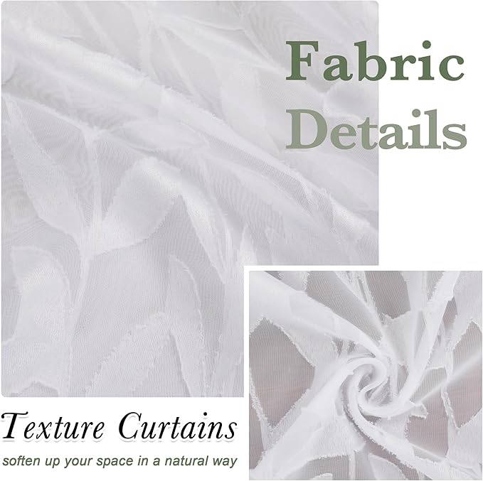 Lecloud Leia 2 PCS White Valance Sheer Curtains Tiers 24 Inch Long, Clip Jacquard Voile Kitchen Curtain for Small Window, Soft Leaves Basement Livng Room Bedroom Drapes Dual Rod Pockets, 38x24 Inch