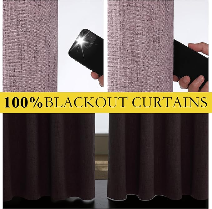 NICETOWN Chaise Mauve Vintage Linen 100% Blackout Curtains for Living Room, Thermal Insulated Curtains 108“ Long, Noise Reducing Window Treatment Drapes for Home Office, 62" Wide Per Panel, Set of 2