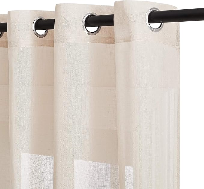 NICETOWN 90 inch Beige Curtains Linen Sheer Faux Flax Window Drapes, Grommet Decorative Keep Privacy Semi Sheer with Light Filtering for Living Room/Bedroom, W52 x L90, 2 Panels