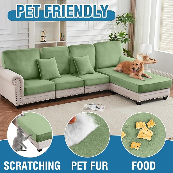 Couch Cover Velvet Chaise Cushion Cover for Sectional Sofas - Elastic L-Shaped Sofa Seat Covers Washable, Slipcover Protector (1-Piece, Avocado Green)