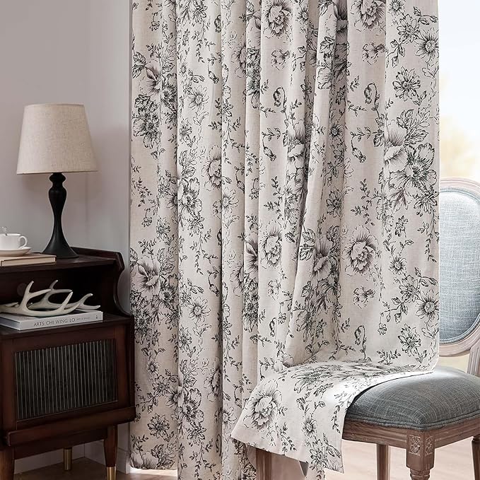 jinchan Blackout Floral Curtains for Living Room Bedroom Linen Blend Curtain Farmhouse Black Printed with Lined Back Tab Rod Pocket Drapes Window Treatments 2 Panels 84 Inch