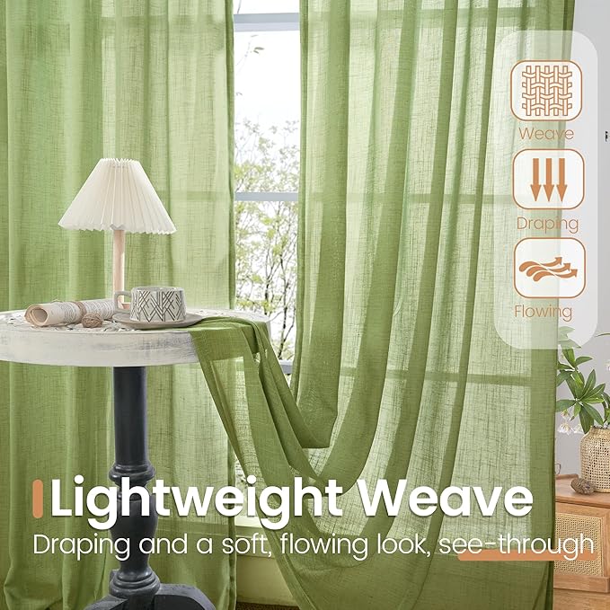 BGment 45 Inch Length Green Linen Curtains for Kitchen Window - Short Drapes Semi Sheer Textured Light Filtering with Rod Pocket for Cafe Front Door Window, 2 Panels Set, 30 X 45 Inch