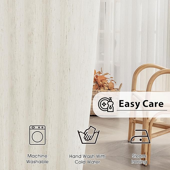 FMFUNCTEX Linen Sheer Curtains for Bedroom, Beige Curtains 45 inches Long for Living Room, Natural Flax Blend Window Draperies for Farmhouse Curtain, Rod Pocket 2 Panels