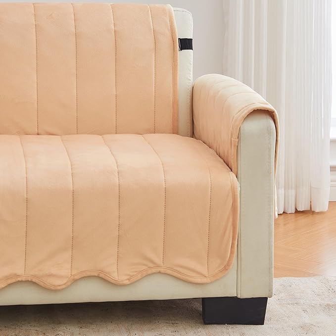 Great Bay Home Velvet Sofa Cover - Washable Slipcover Furniture Protector with Elastic Straps - Furniture Cover for Dogs, Kids, and Pets - Stitched Detail (Peach)