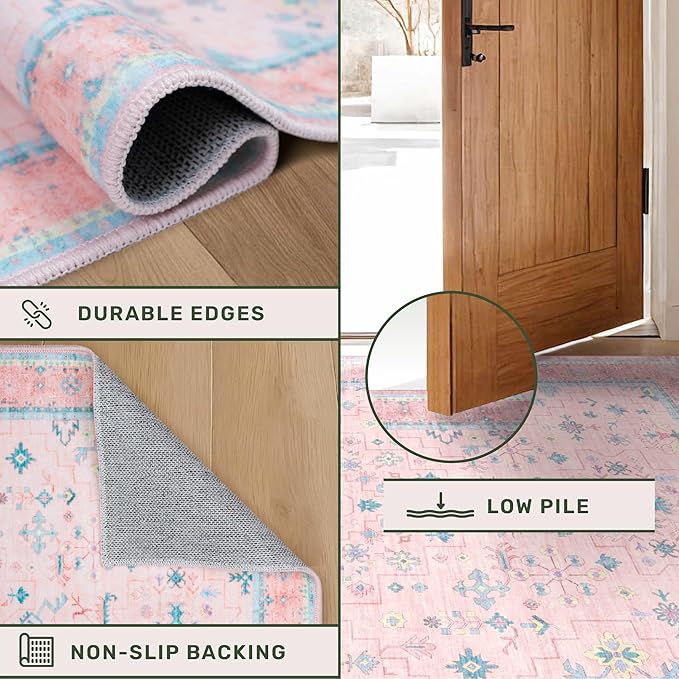 Washable Pink and Blue 9x12 Oushak Rugs for Living Room Rug Bedroom Girls, Modern Floral Aethestic Distressed Design, Soft Faux Wool Low Pile Non Slip Stain Resistance Carpet