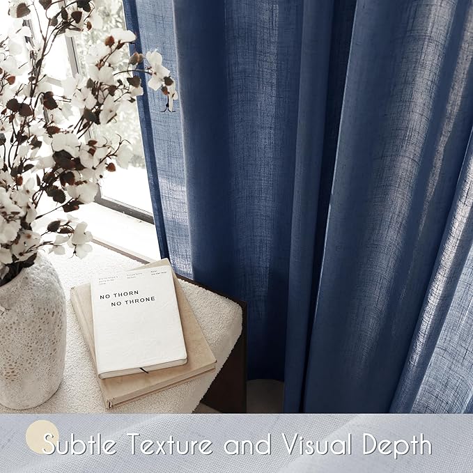 Navy Blue Curtains 72 inch Length for Bedroom Back Tab Light Filtering Semi Sheer Blue Living Room Curtains Linen Cotton Textured Indigo Blue Drapery Panel Modern Farmhouse Aesthetic Decor Dark Blue