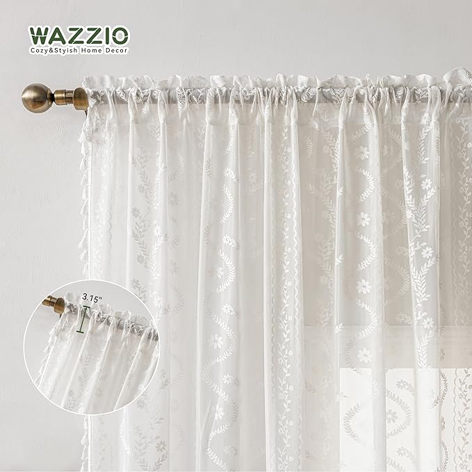 WAZZIO Boho Lace Curtains 2 Panels 63 Inches -Cute Vintage Victorian Sheer Panel Drape French Country Floral Pattern & Tassel Light Filtering Privacy for Bedroom Dining Living Room,White,W52x L63