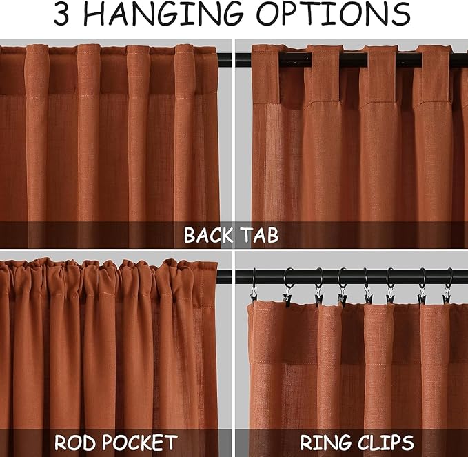 Nanspring Extra Long Linen Curtains 108 Inches Long 2 Panel Set Back Tab Terracotta Boho Rustic Farmhouse Curtain for Living Room Semi Sheer Floor to Ceiling High Window for Bedroom Office 60x108